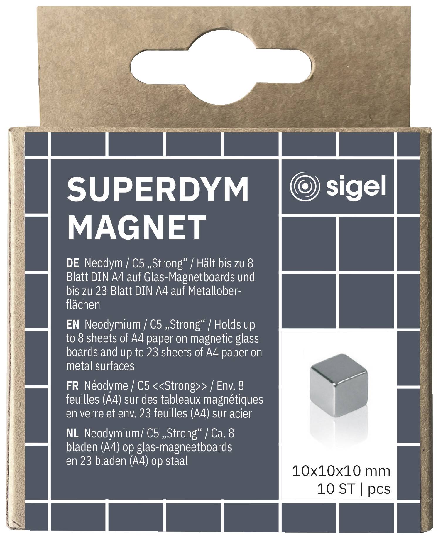 Obal magnetu 'SUPERDYM MAGNETu' od firmy Sigel. Zobrazuje malý stříbrný kvádrový magnet na šedém pozadí. Rozměry: 10x10x10 mm.