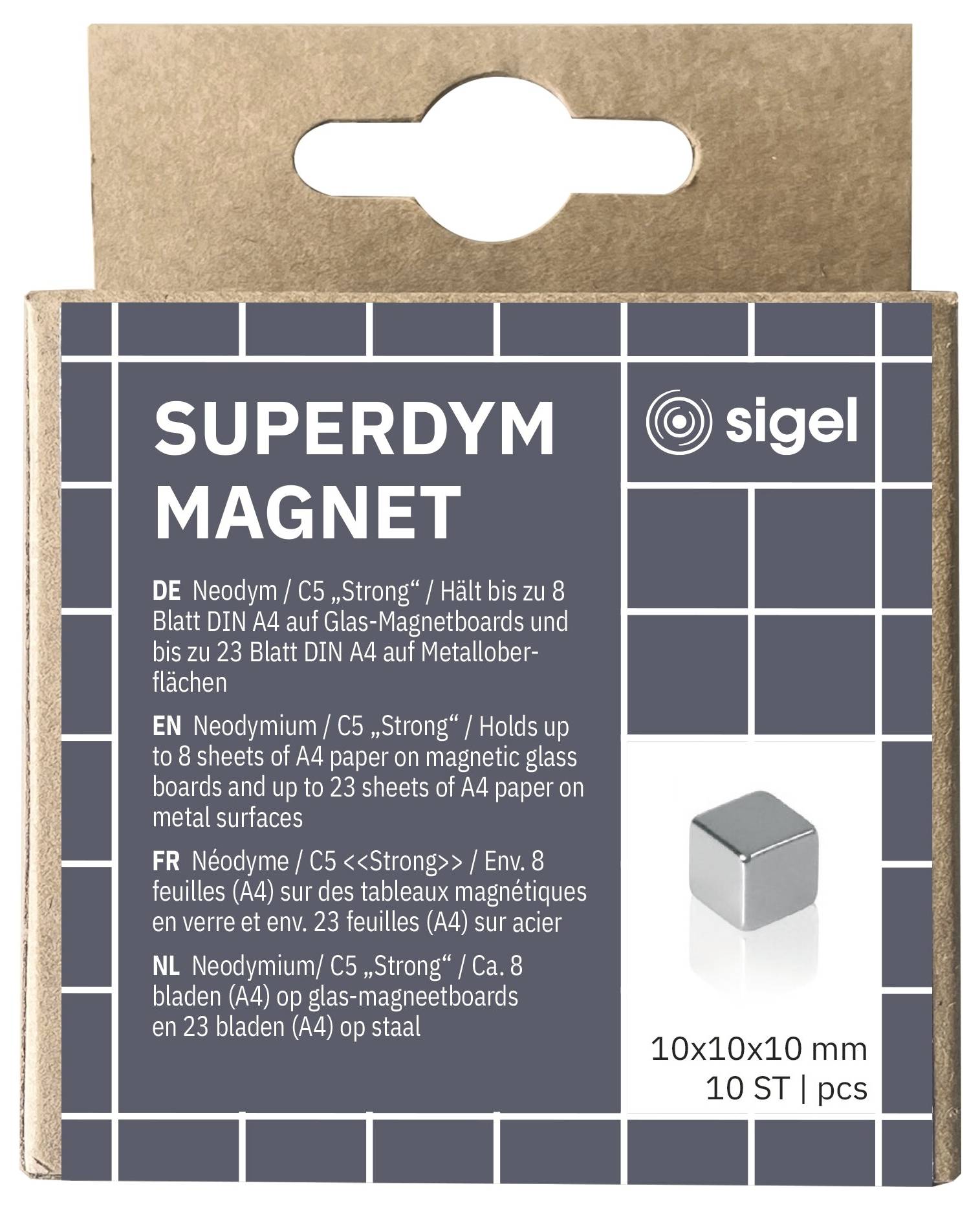 Balení magnetů Sigel Superdym, neodymové kubické magnety, 10x10x10 mm, 10 kusů, zobrazeno s informacemi o produktu ve více jazycích.