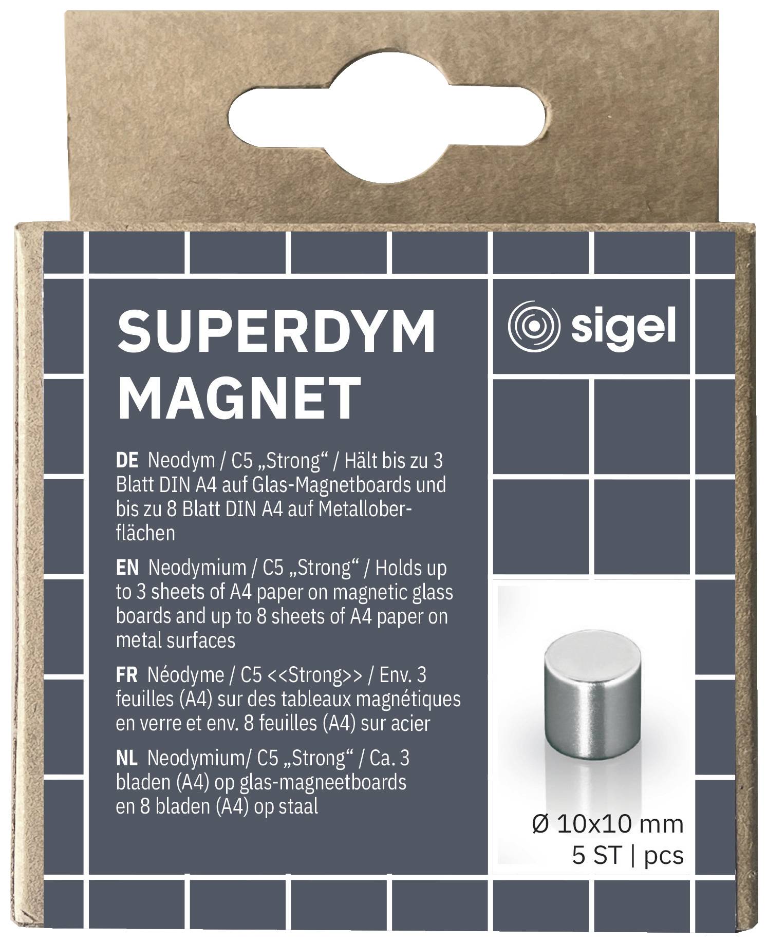 Balení super silného magnetu od firmy Sigel. Obsahuje pět magnetů, velikost Ø 10x10 mm, vhodné pro skleněné a kovové povrchy.