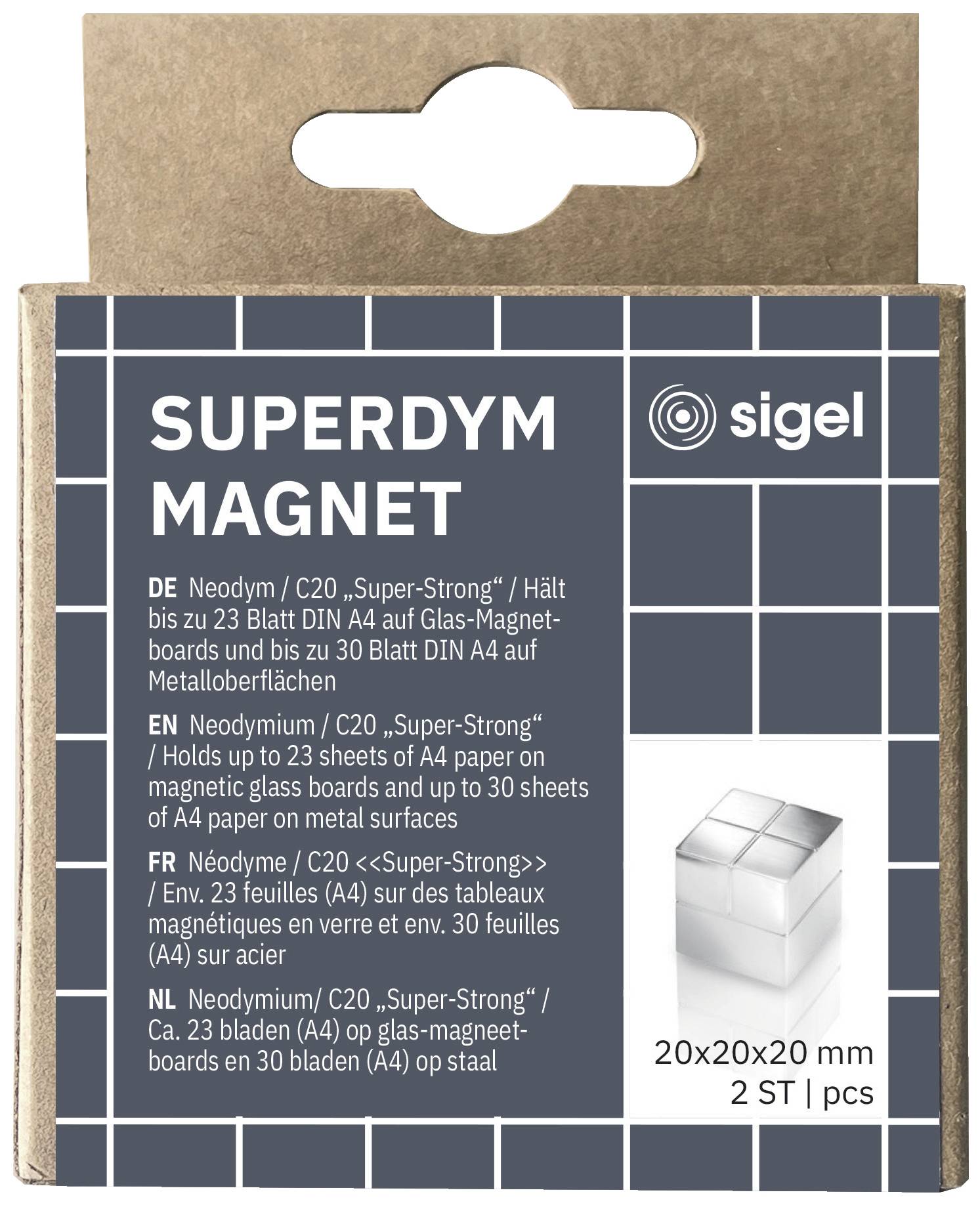 Balení supersilného magnetu od společnosti Sigel. Text v několika jazycích popisuje sílu a použití na magnetických tabulích.