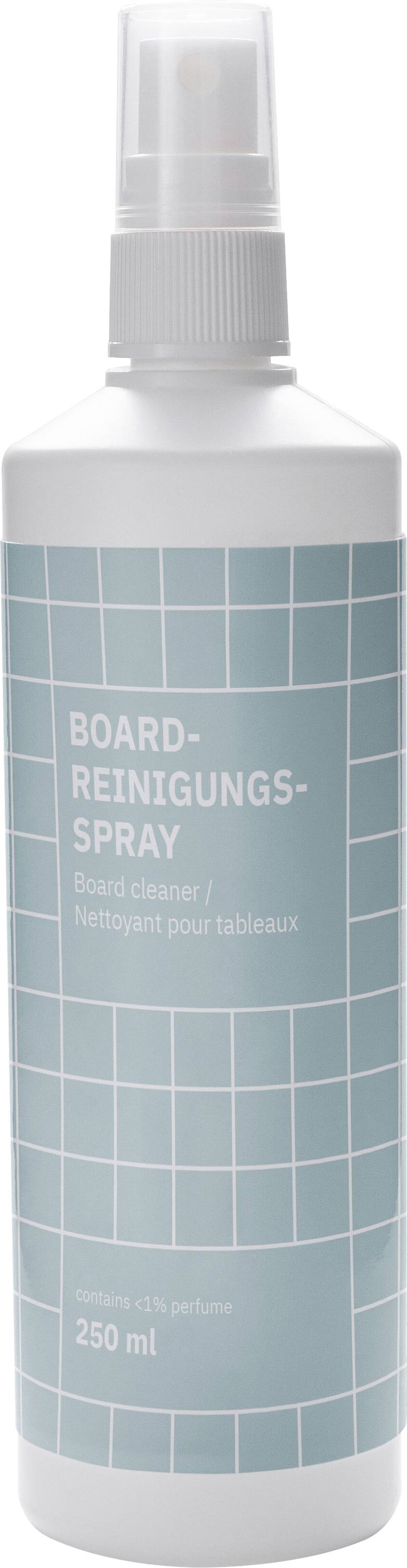 Bílá sprayová lahvička označená "BOARD-REINIGUNGS-SPRAY" s petrolejovým mřížkovým vzorem, 250 ml čistícího spraye na tabule.