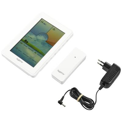Tablet s barevným uživatelským rozhraním, vedle něj USB adaptér a napájecí adaptér s kabelem.