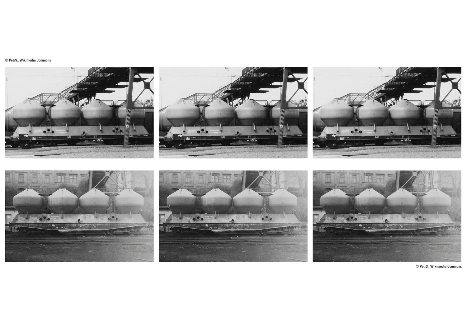 Šest černobílých fotografií sil u přístavu, tři nahoře a tři dole, zobrazuje různé kontrasty a expozice.