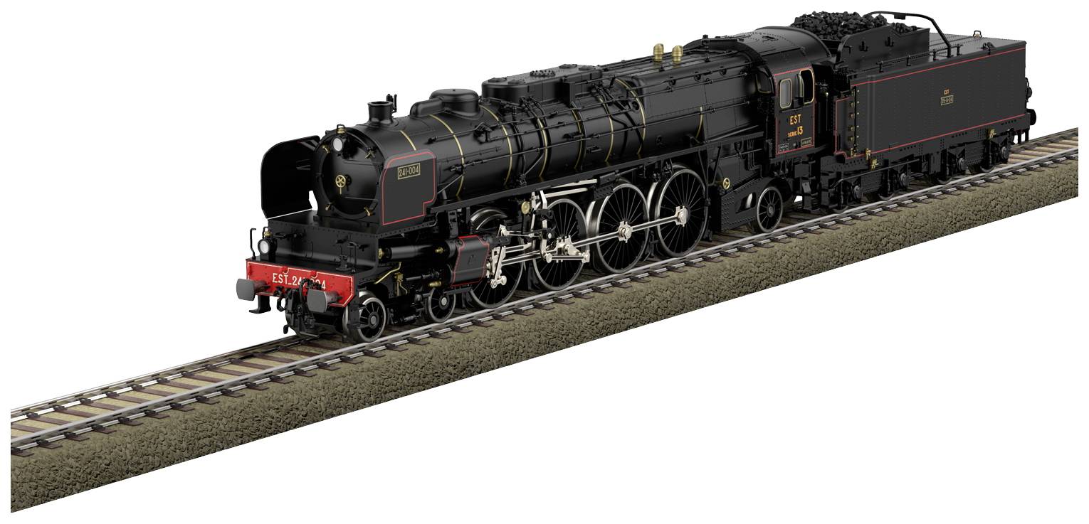 Detailní model černé parní lokomotivy na kolejovém úseku. Lokomotiva je ozdobena červenými a zlatými akcenty.