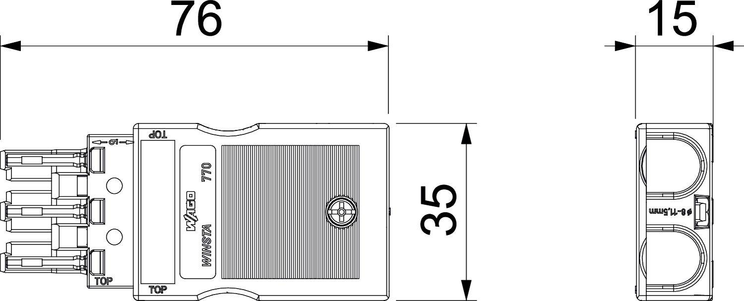 Elektrická zástrčka s rozměry: délka 76 mm, výška 35 mm, šířka 15 mm. Logo výrobce a modelové číslo '770' viditelné.