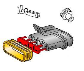 Obrázek elektrického konektoru s jednotlivými komponenty, včetně žlutého konce a dvou kovových dílů pro upevnění.