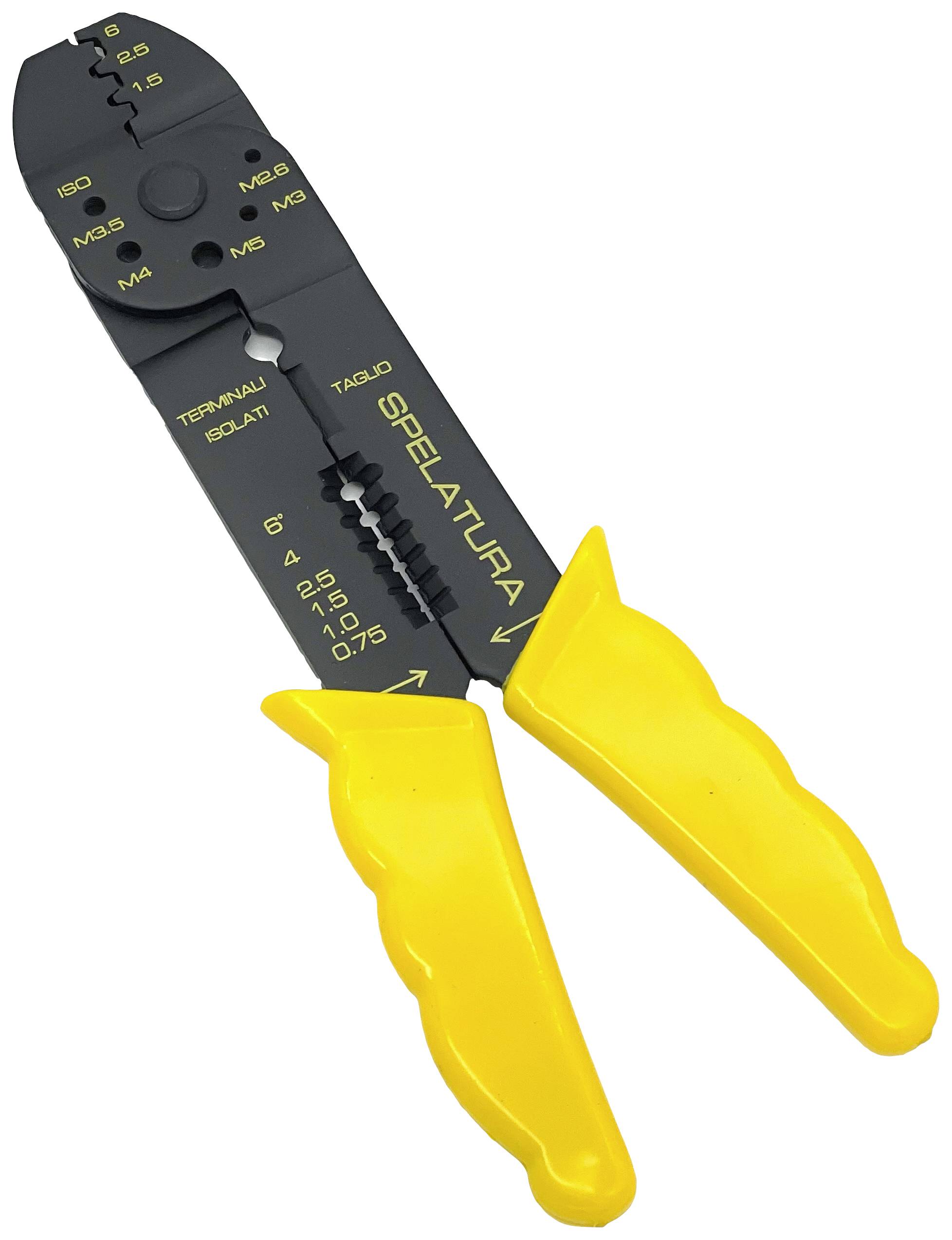 Kleště na stříhání a odizolování kabelů se žlutými rukojeti. Kleště mají vyznačené měrky pro průměry drátů a jsou určené k odizolování a řezání vodičů.
