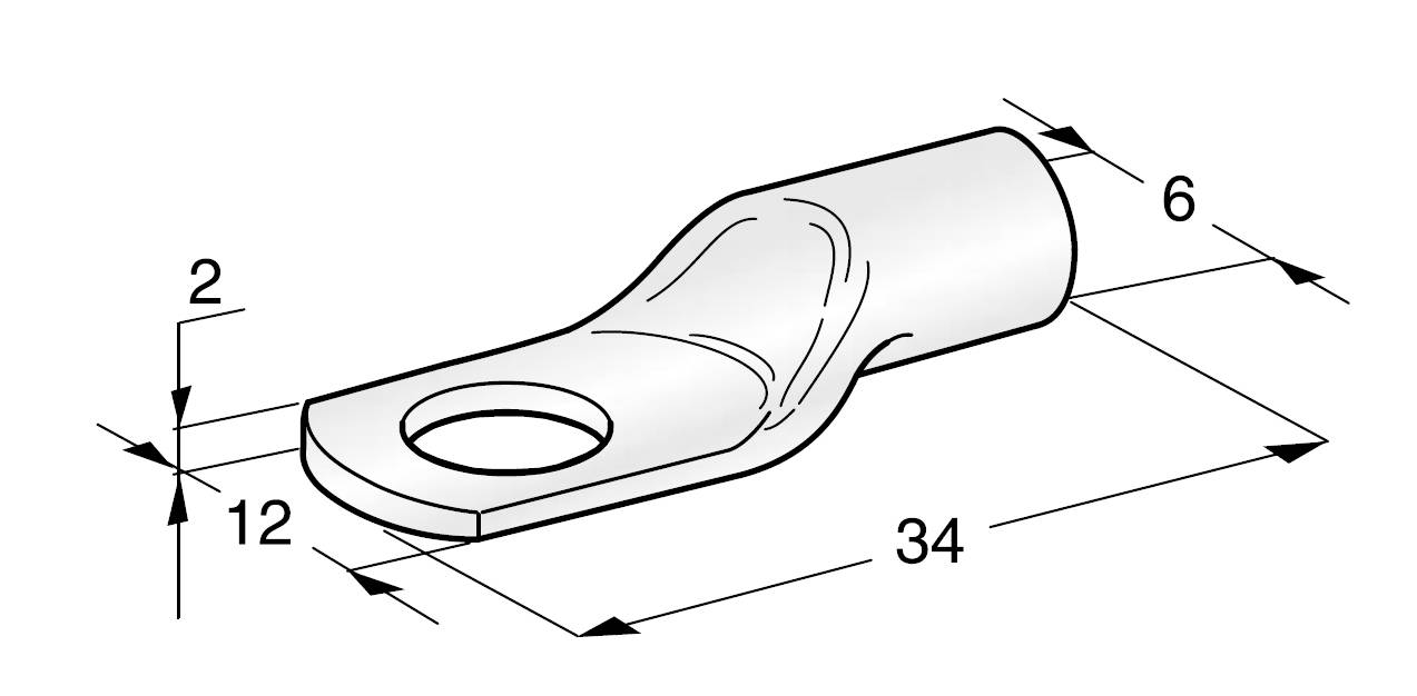 Technický výkres zobrazuje kabelové oko s otvorem, který je 12 mm široký, 34 mm dlouhý, s průměrem 6 mm, ohyb ve výšce 2 mm.