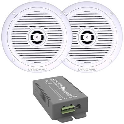 Dva bílé reproduktory značky LYNDAHL s krytem, vedle nichž leží šedý bluetooth přijímač pro bezdrátový přenos audia.