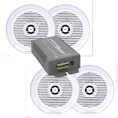 Sada reproduktorů se třemi kulatými bílými reproduktory a šedým obdélníkovým bluetooth modulem. Název značky 'Lyndahl' je viditelný.