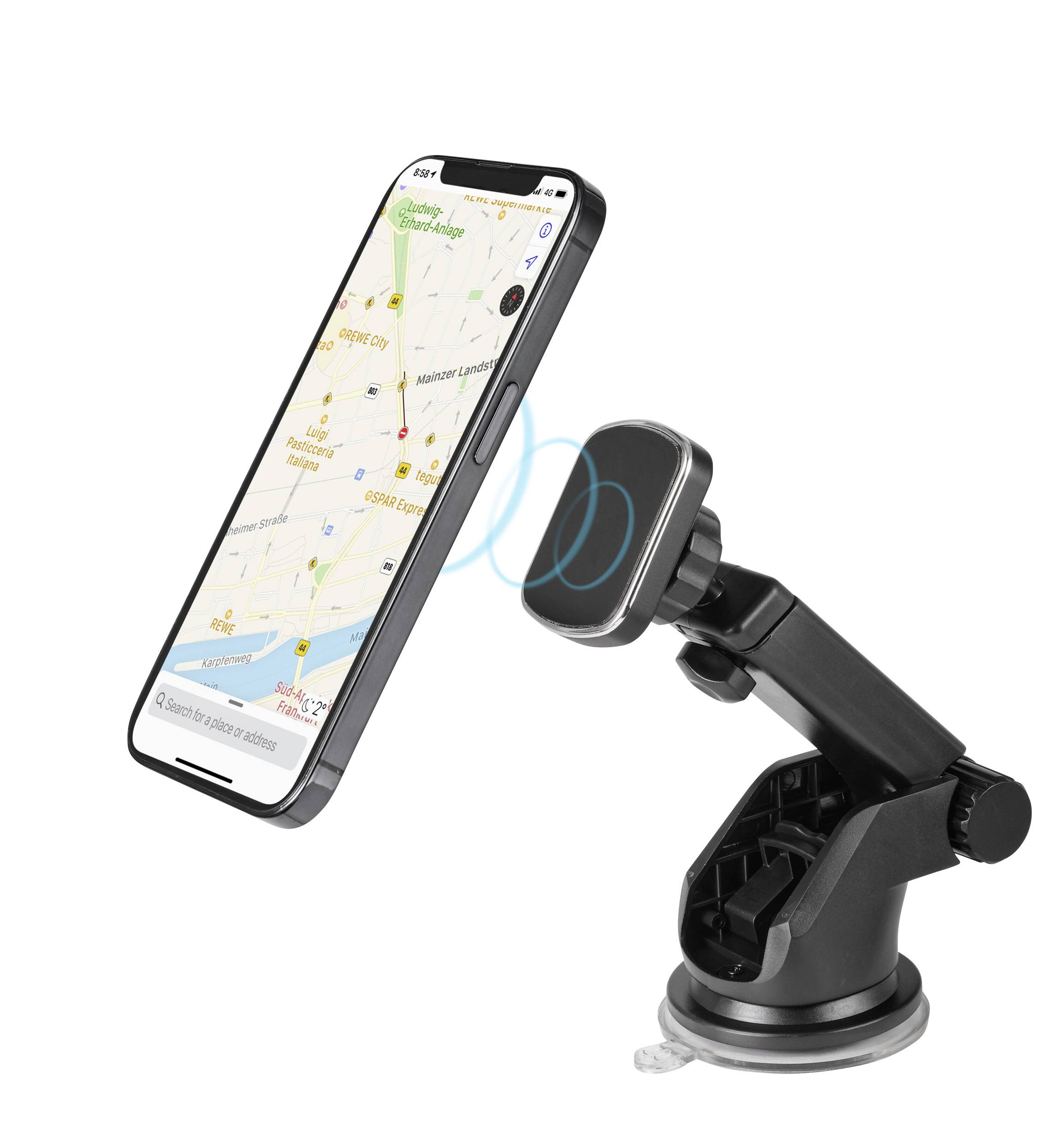 Smartphone v držáku zobrazuje mapovou aplikaci s přehledem města a ulicemi.
