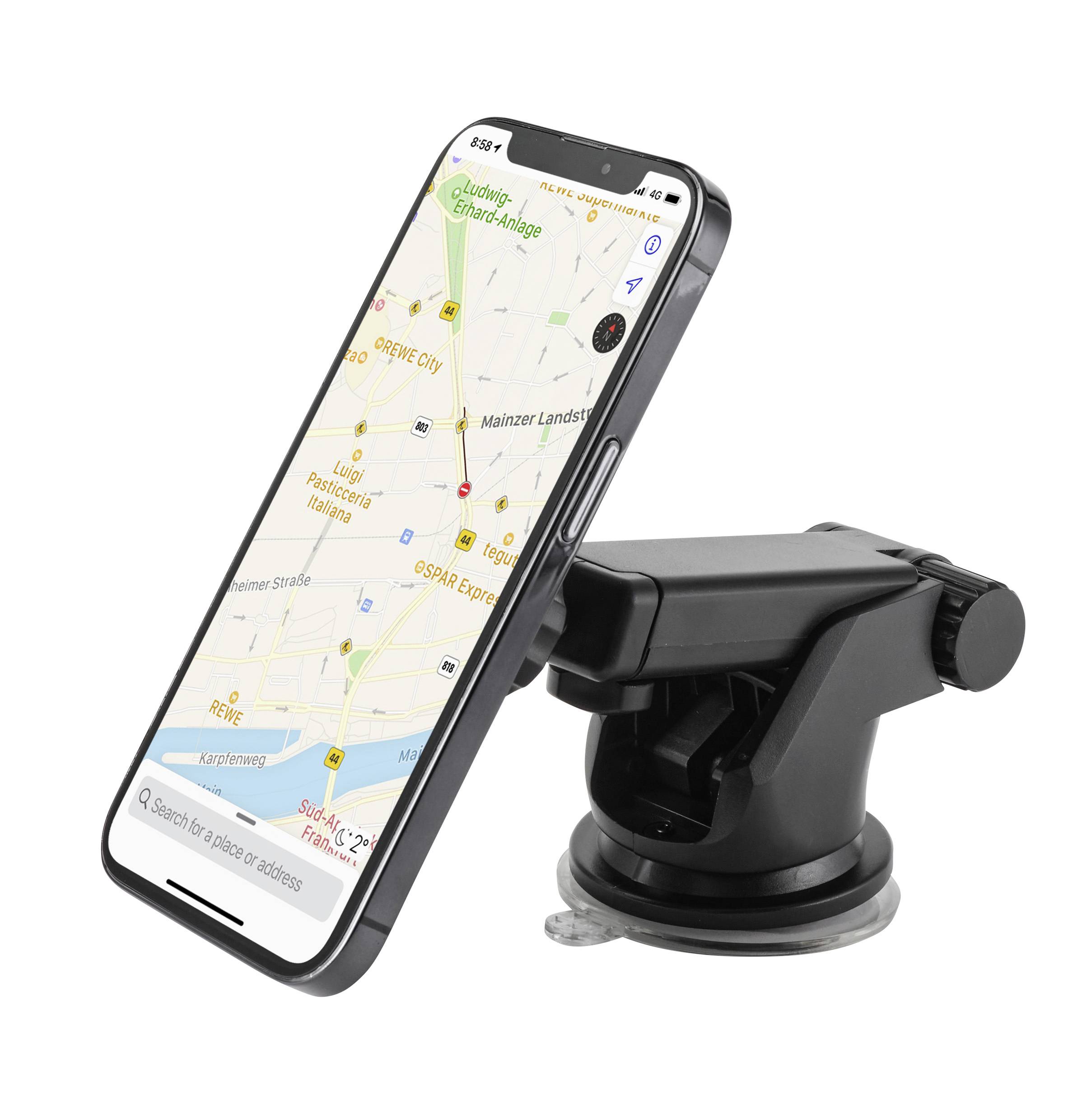 Držák na smartphone s černou svorkou, který drží smartphone se zobrazovanou navigační mapou na displeji, uvnitř automobilu.