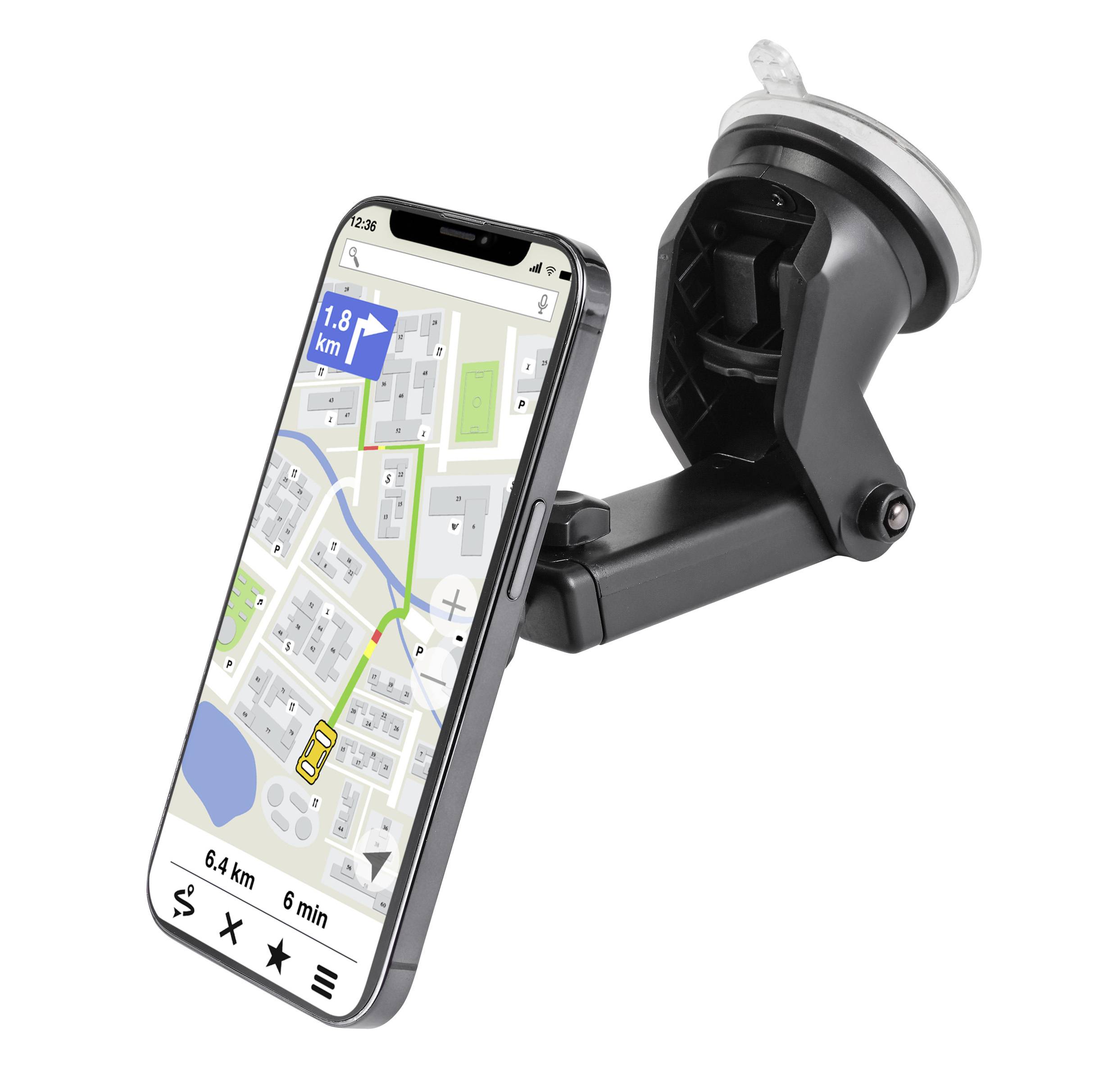 Smartphone zobrazuje navigační mapu s trasou, vzdáleností 1,8 km a odhadovaným časem příjezdu. Je upevněno v držáku v autě.