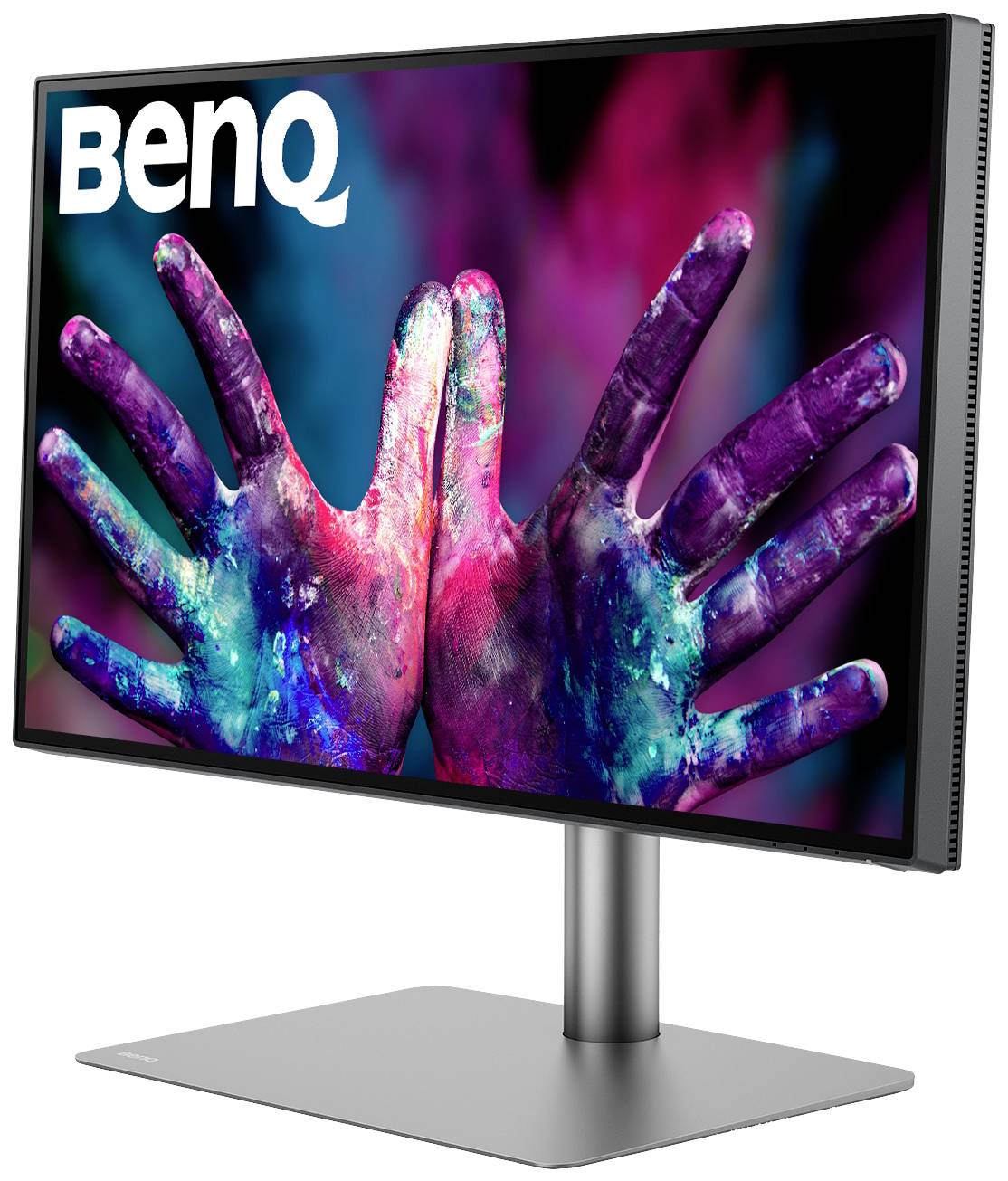 Monitor od BenQ s obrázkem barevně pomalovaných rukou zobrazený na obrazovce.