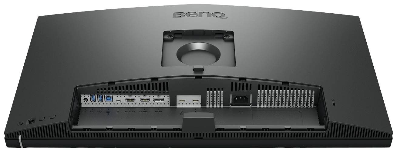 Zadní strana monitoru BenQ s viditelnými porty, včetně HDMI, USB a síťového připojení; vhodné pro víceúčelové využití.