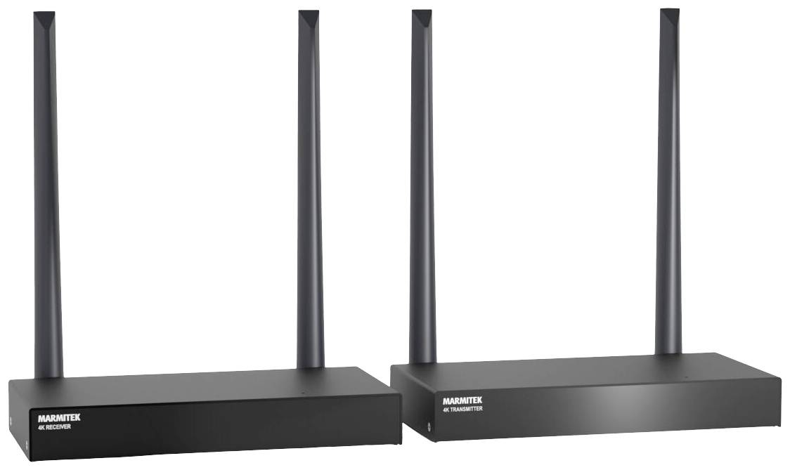 Dva černé elektronické přístroje, každý se dvěma anténami. Vlevo je nápis '4K Receiver', vpravo '4K Transmitter'.