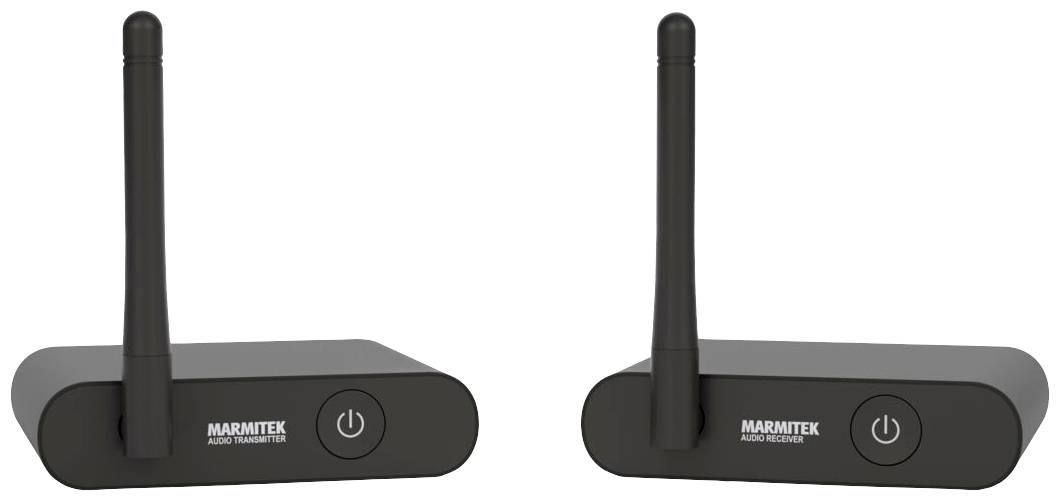 Dva černé přístroje s anténami, označené jako Marmitek Audio Transmitter a Receiver, stojí vedle sebe.