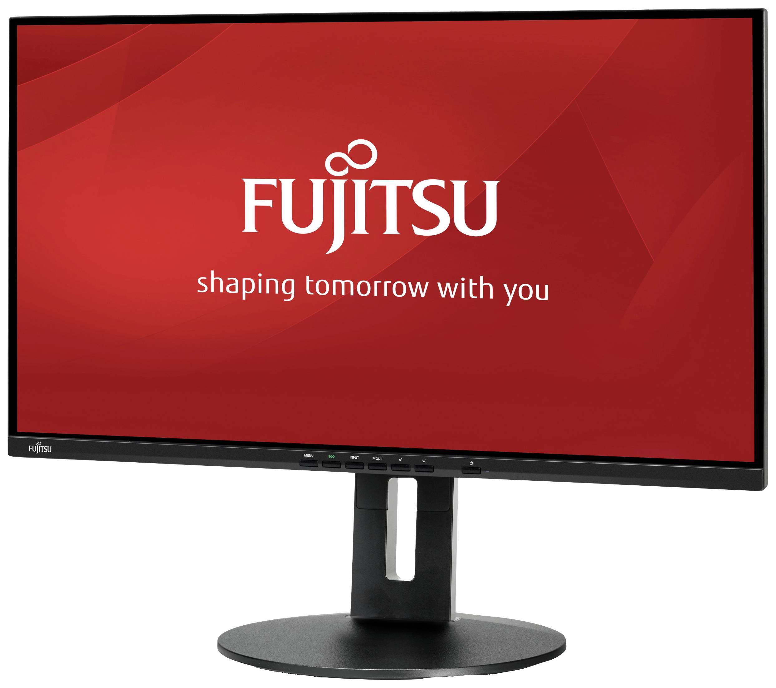 Monitor společnosti Fujitsu s červeným pozadím zobrazuje nápis 'Fujitsu shaping tomorrow with you'.