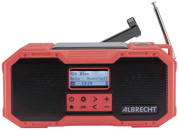 Albrecht DR 112 27911 outdoorové rádio, DAB+, FM, nouzové rádio, USB, Bluetooth, s USB nabíječkou, Ruční klika, Solární panel, voděodolné, nárazuvzdorné, stolní lampa, s akumulátorem, funkce alarmu, červená, černá