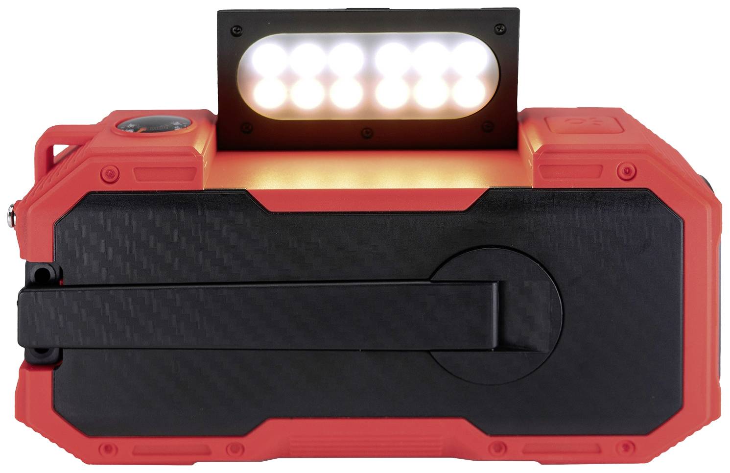 Červená přenosná LED svítilna s černou rukojetí a světlým světelným pruhem na horní straně.