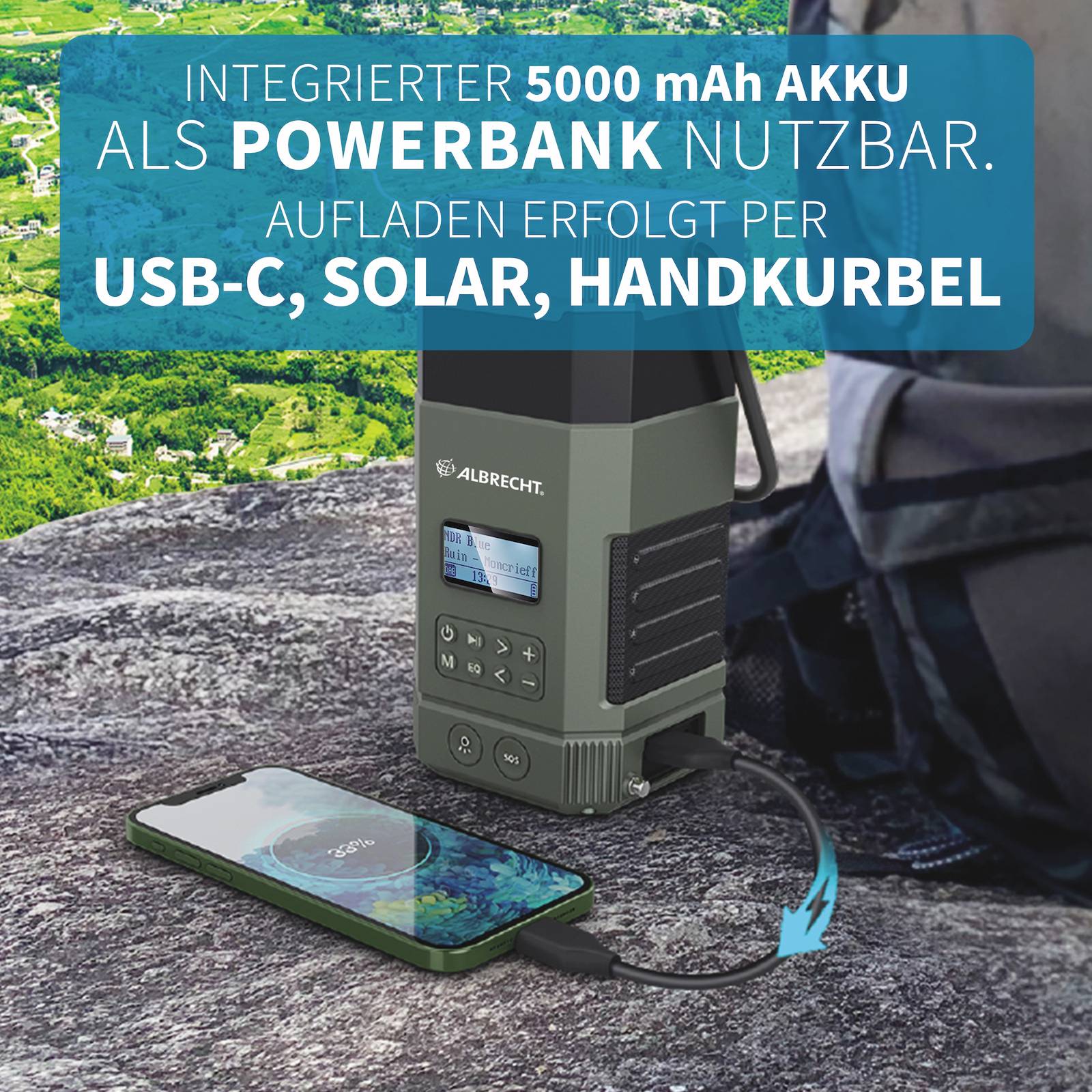 Rádio s vestavěnou baterií 5000 mAh je využíváno jako powerbanka. Nabíjení pomocí USB-C, solárního panelu nebo ruční kličky. Určeno pro použití ve venkovním prostředí.