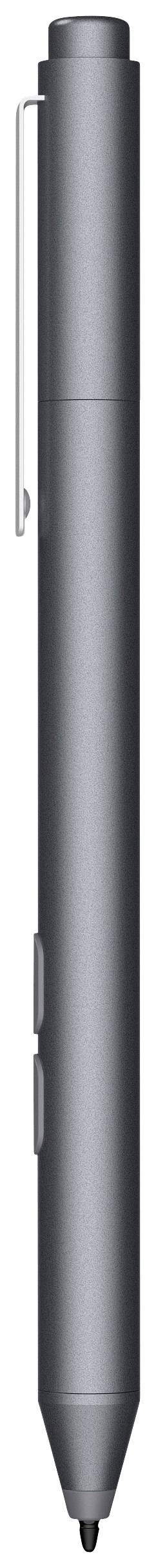 Šedý kovový dotykový stylus s klipem a hrotem, vhodný pro dotykové obrazovky, zobrazený ve svislé poloze.