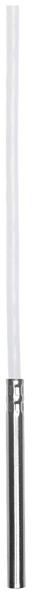 Kovový hůl s bílým, úzkým osvětlovacím stínítkem; minimalistická kapesní svítilna nebo tyčová lampa.