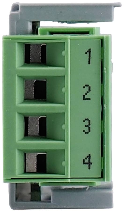 Zelený elektrický konektor se čtyřmi očíslovanými svorkami od 1 do 4, umístěný na šedé základně.