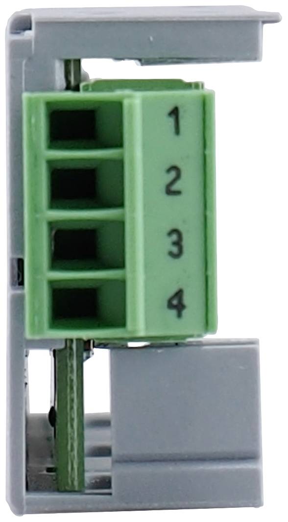 Šedá a zelená elektrická součástka se čtyřmi očíslovanými svorkami ('1', '2', '3', '4').