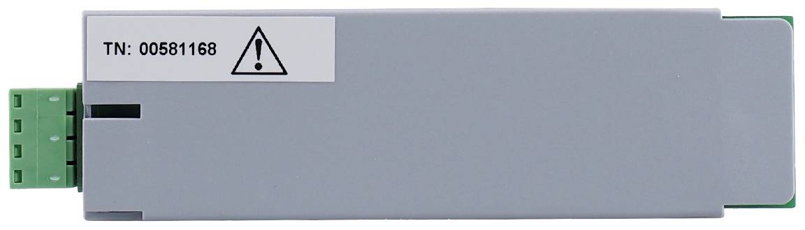 Elektronický modul s šedým pouzdrem a zeleným konektorem vlevo. Nahoře vpravo výstražný symbol a sériové číslo 'TN: 00561168'.