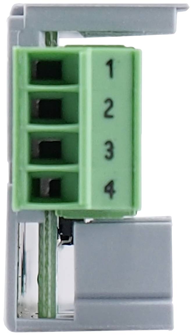 Zelená svorka v šedém pouzdře, číslovaná od 1 do 4, určená pro propojení elektrických vodičů.
