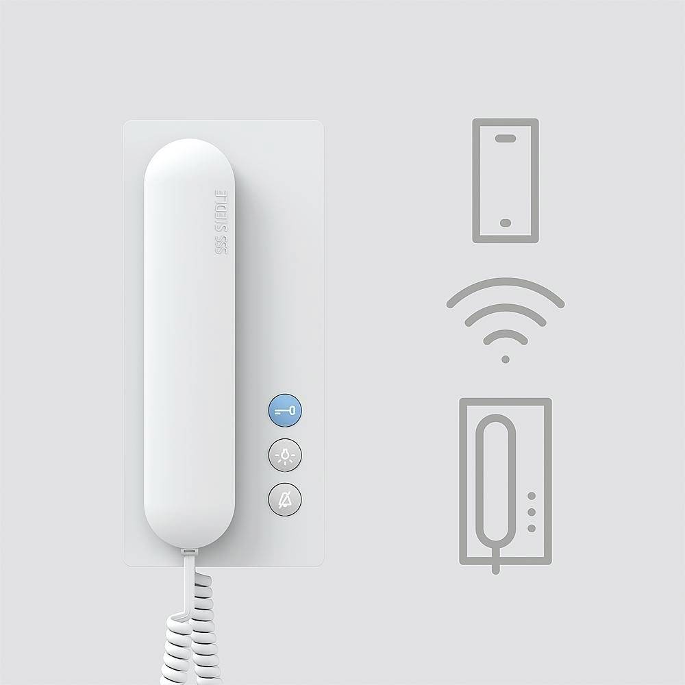 Bílý telefon na zdi, vedle něj symboly pro Wi-Fi a videokomunikaci. Zařízení zobrazují bezdrátové možnosti připojení.