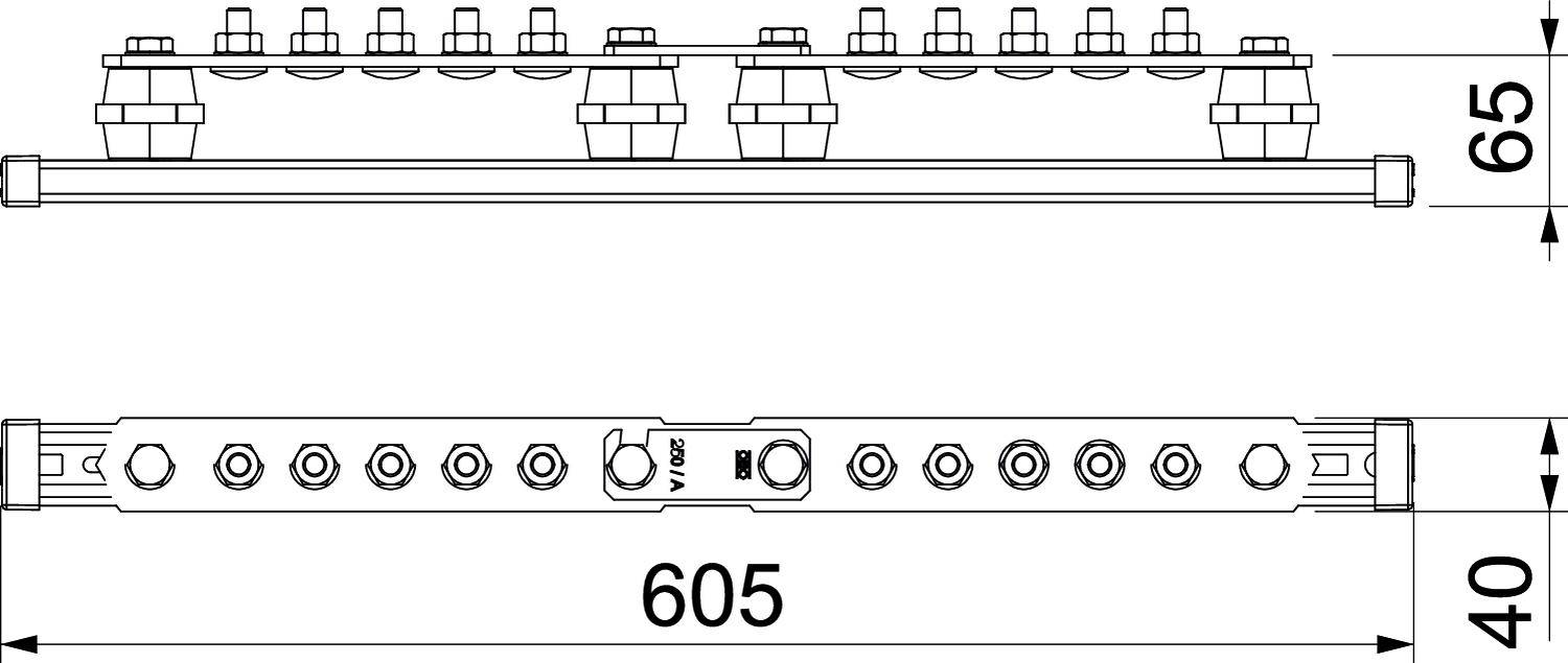 Technický výkres elektronické součástky s rozměry: délka 605 mm, výška 65 mm, šířka 40 mm. Horní a boční pohled.