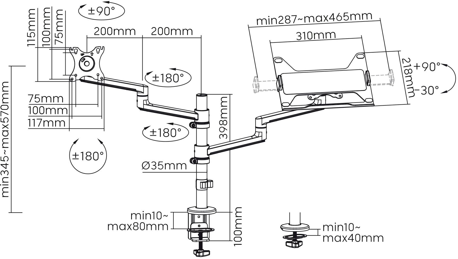 Náčrt držáku monitoru s rozměry: 200 mm, 310 mm, rozsah výškového nastavení 345-570 mm. Úhel naklonění ±90° a ±30°.
