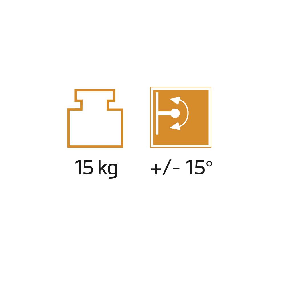Obrázek znázorňuje symbol váhy s '15 kg' a symbol úhlu '+/- 15°' pod ním.