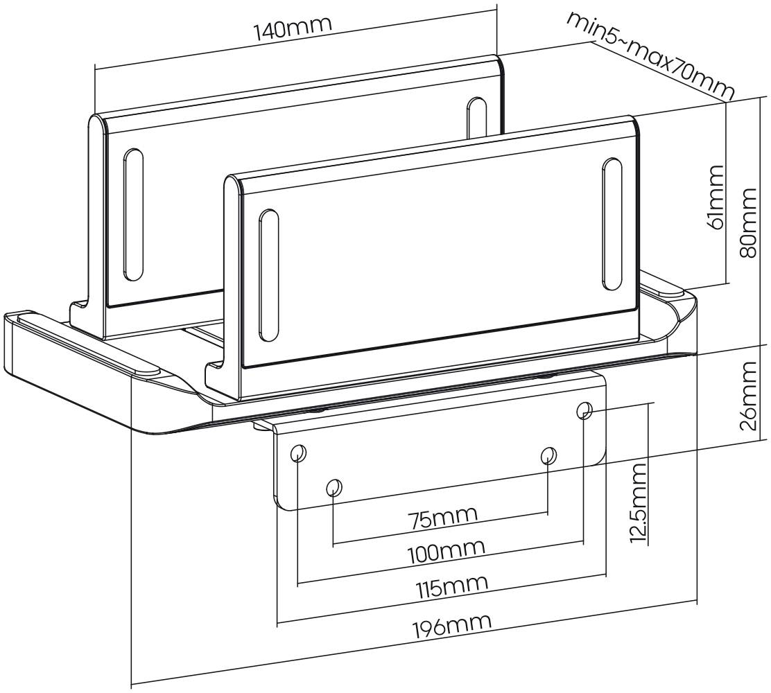 Technický výkres nastavitelného držáku s rozměry: šířka 140 mm, výška 61 mm, hloubka 26 mm; variabilní hloubka 15–70 mm.