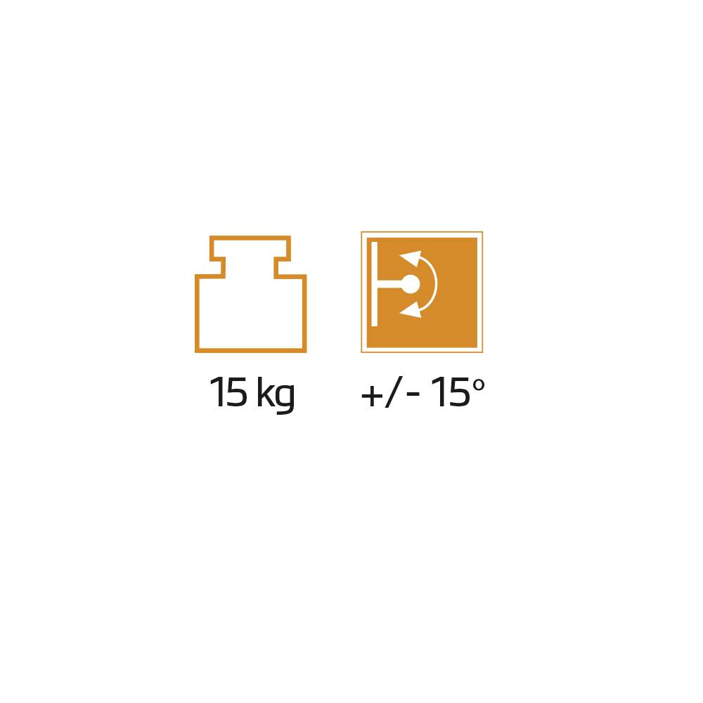 Obrázek ukazuje dva symboly: vlevo symbol váhy s nápisem 15 kg, vpravo šipkový symbol s nápisem +/- 15°.