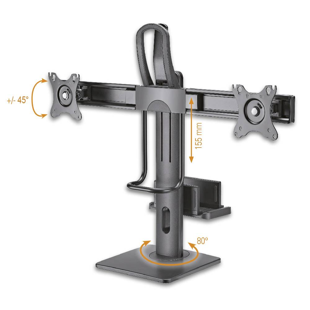 Kovový držák na dva monitory s výškovým značením '155 mm' a rozsahem otáčení '+/- 45°'.