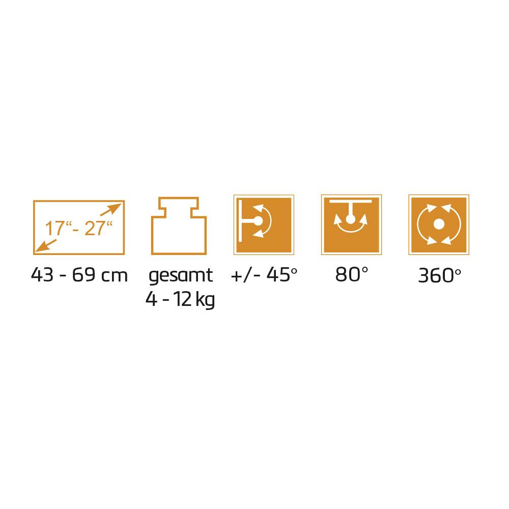 'Symboly ukazují velikosti obrazovek od 17" do 27", nosnost 4-12 kg, úhel otočení +/- 45°, sklon 80°, otáčení 360°.'