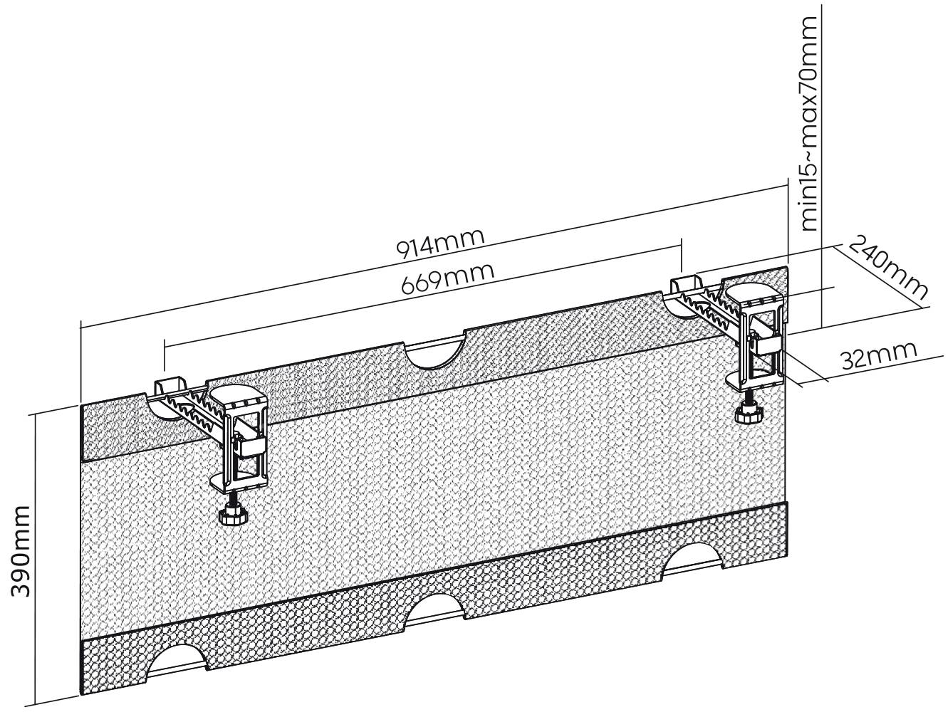 Technický výkres kotvení do zdi. Rozměry: šířka 914 mm, výška 390 mm, umístění kotvení mezi 15 mm-70 mm.