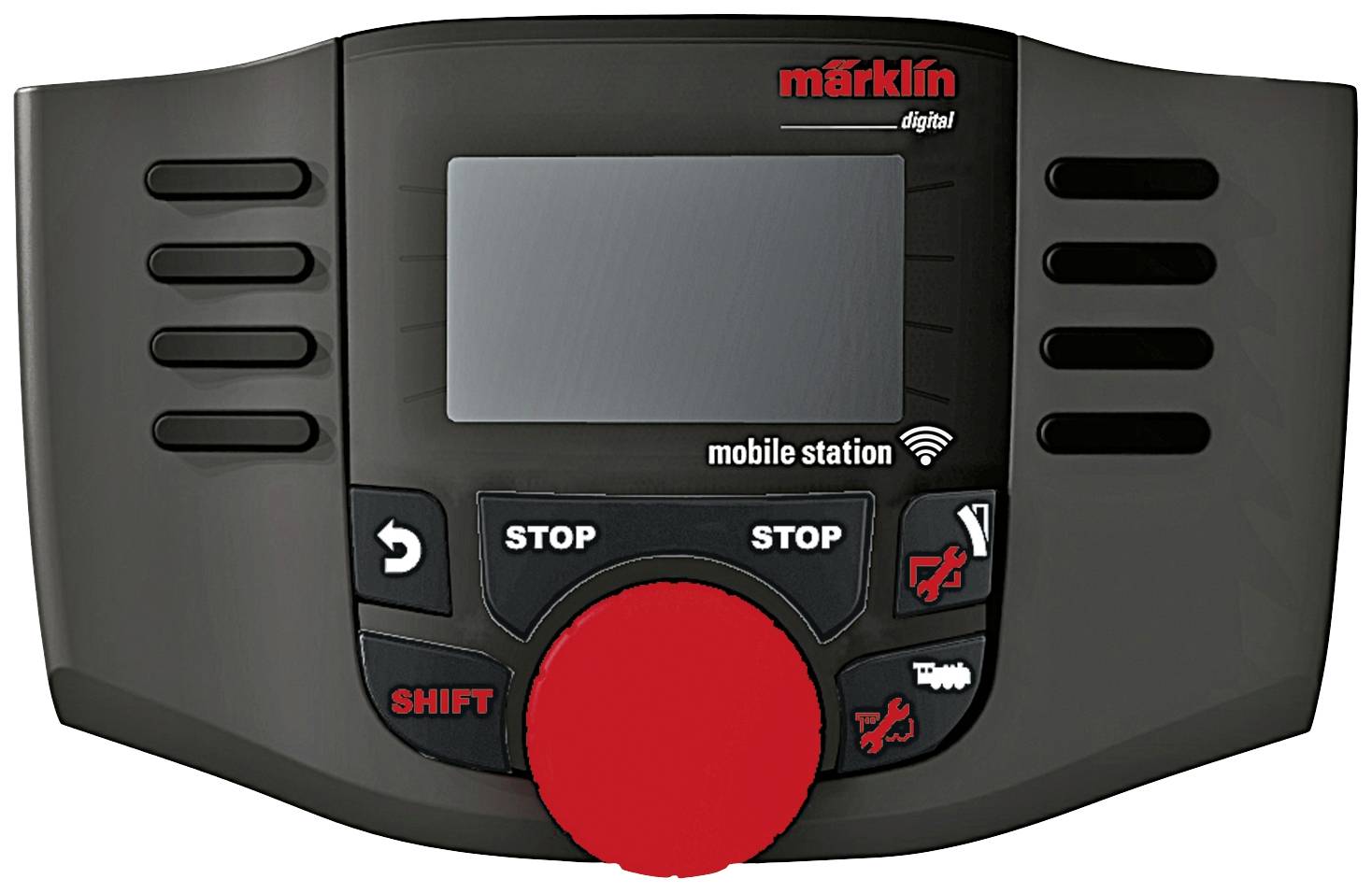 Černá Märklin Mobile Station s šedým displejem a červeným otočným ovladačem uprostřed. Nápis "märklin digital" nahoře.