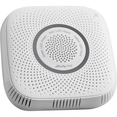 Pravoúhlý detektor plynu se zaoblenými rohy, zobrazující stavové LED kontrolky pro "Napájení", "Alarm" a "Porucha". Značka 'Shelly GAS'.