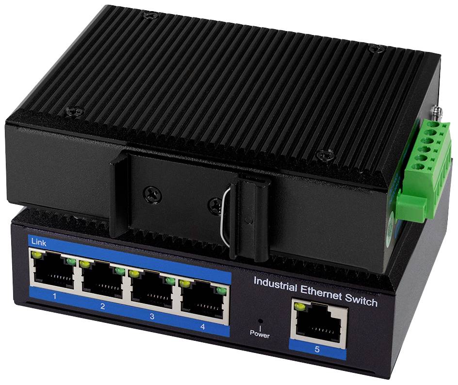 Průmyslový ethernetový switch s pěti porty, LED indikátory pro stav připojení a napájení, vhodný pro drsné prostředí.