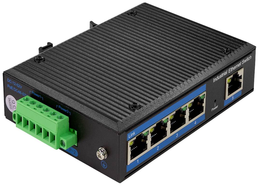 Průmyslový ethernetový switch s osmi porty, vhodný pro sítě v drsných prostředích, robustní černé pouzdro, zelené a černé konektory.