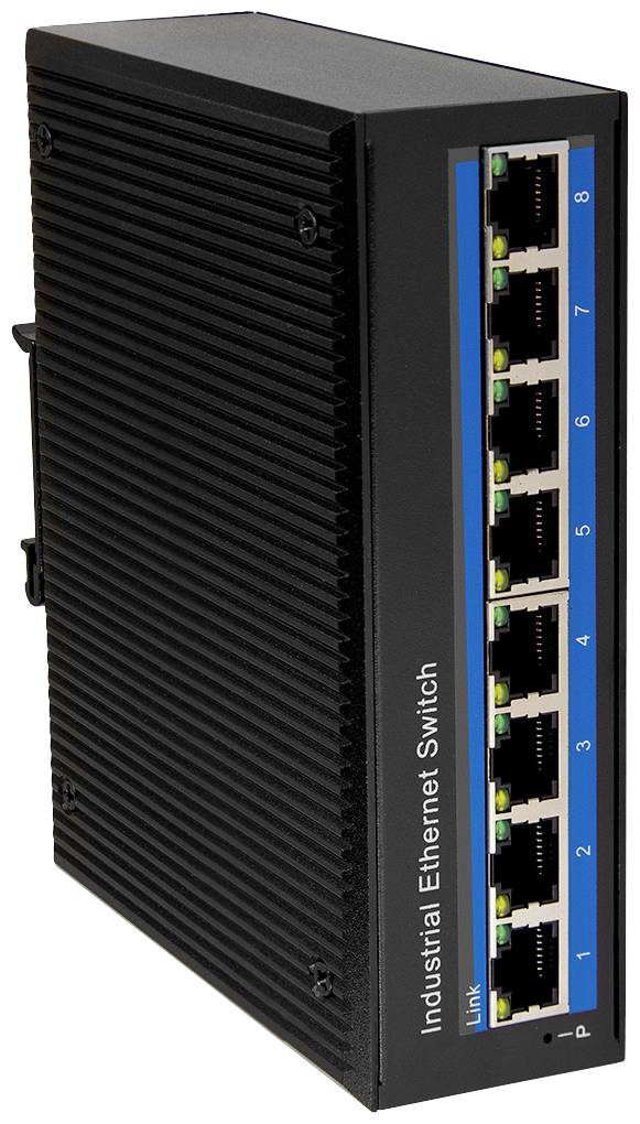 Černý průmyslový ethernetový switch s osmi síťovými porty a modrým označením na straně.