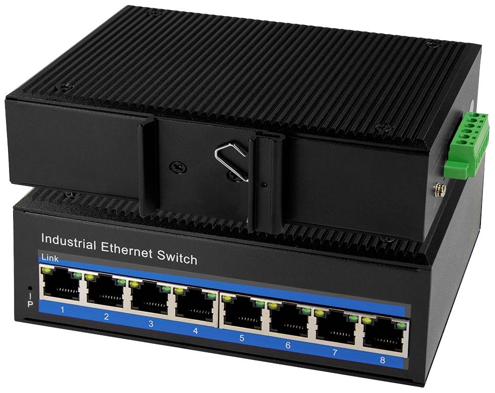 Průmyslový ethernetový switch s osmi RJ-45 porty, černým pouzdrem a zelenou svorkou na straně.