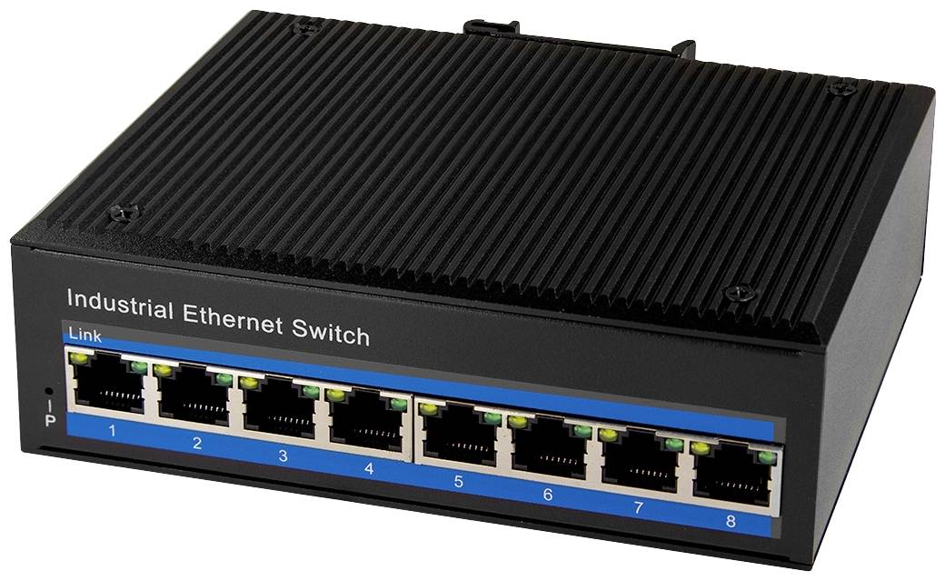 Černý průmyslový ethernetový switch s osmi síťovými porty s nápisem 'Industrial Ethernet Switch' na přední straně.