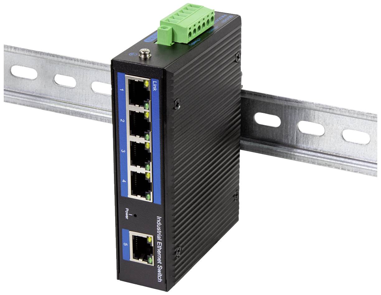 Průmyslový ethernetový switch s pěti ethernetovými porty, instalovaný na kolejnici, černý kryt se zeleným připojením nahoře.