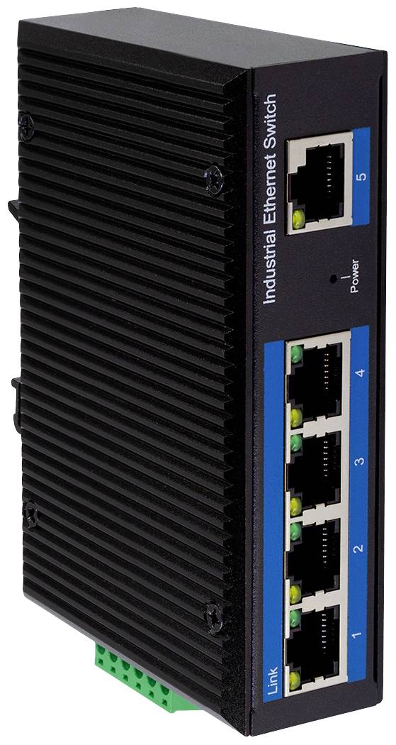 Průmyslový ethernetový switch s pěti ethernetovými porty a LED indikátory pro připojení a napájení. Vertikální, obdélníkový design.