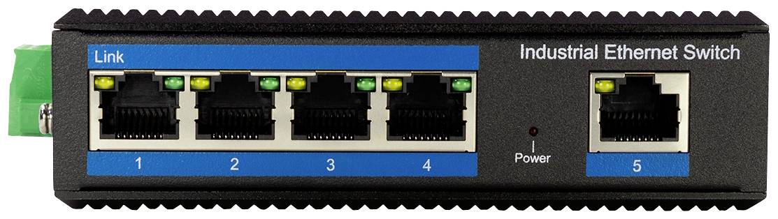 Průmyslový ethernetový switch s pěti RJ45 porty, očíslovanými od 1 do 5. Port 'Link' je zvýrazněn. Provozní indikátor 'Power' svítí.